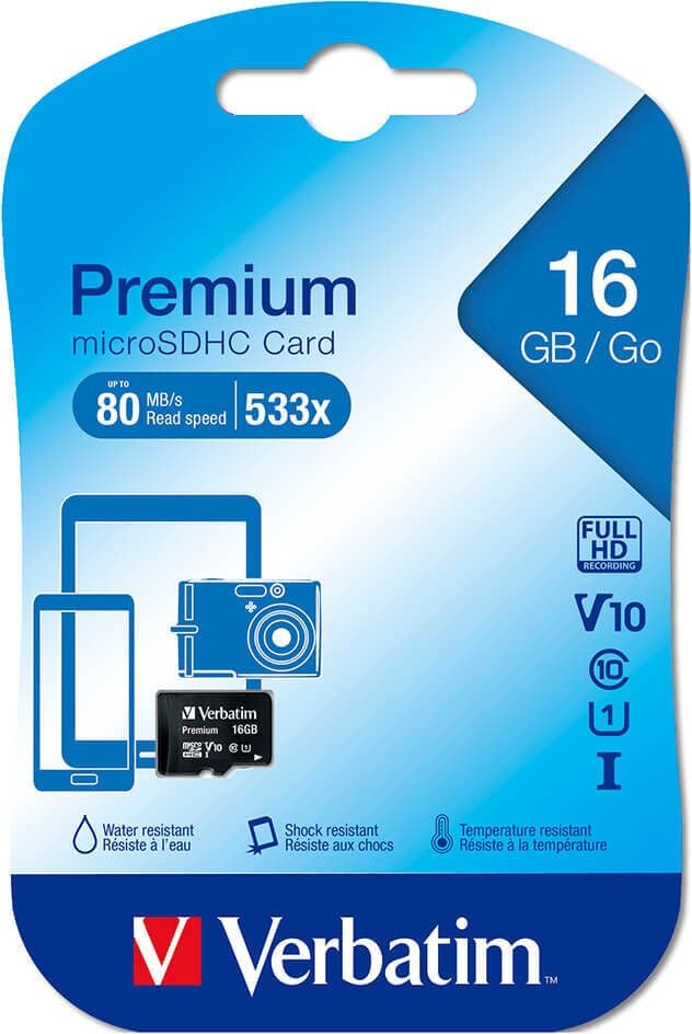 MicroSDHC-Speicherkarten Verbatim 44010, Class 10/U1/V10, 16GB