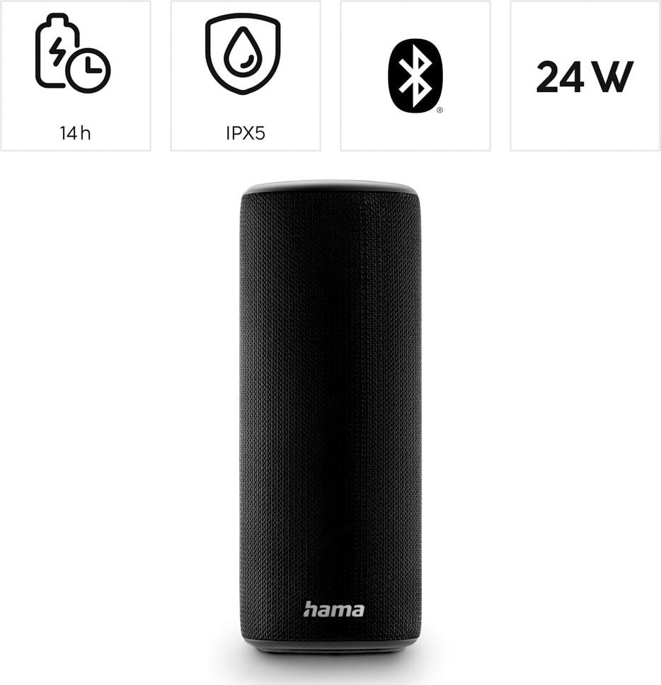 Bluetooth-Lautsprecher Hama Pipe 3.0 00188202, 24 Watt, tragbar, wasserdicht IPX5,
14 Stunden Betriebszeit, 360 Grad Sound,
schwarz