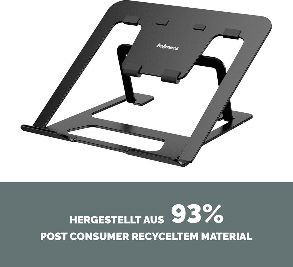 Notebookständer Fellowes Alumia, bis 15 Zoll Notebooks, flach zusammenklappbar,
6 stufig höhenverstellbar, 93% recyceltes Material, Aluminium, schwarz