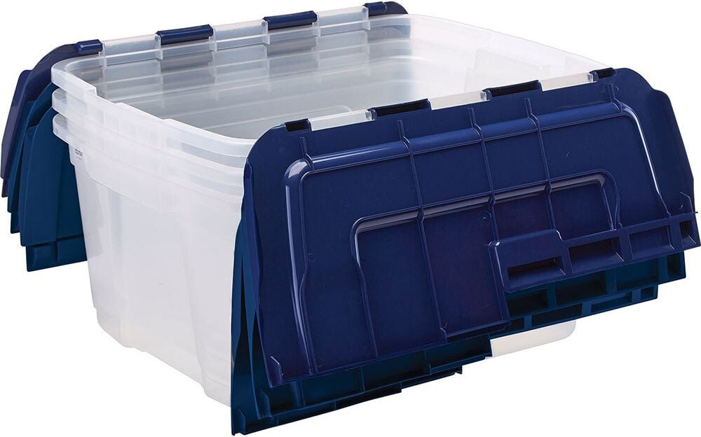 Aufbewahrungsboxen Bankers Box Tote Box with hinged Lid, 45 Liter, Außenmaße: 590x430x280mm (BxTxH), PP 100% BPA-frei, geteilter Deckel, transparent/blau