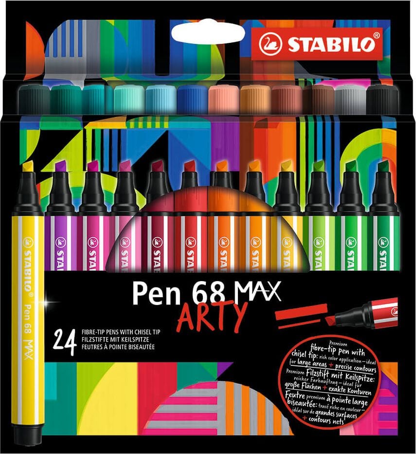 Fasermaler STABILO Pen 68 MAX ARTY 768/24-21, ca. 1-5mm, Keilspitze, Kartonetui mit 24
Farben