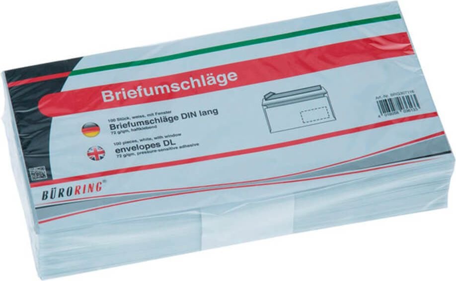 Briefumschläge DIN-lang Soennecken 1309, 110x220mm, Fenster, weiß, Haftklebung, Pack 100 Stück
