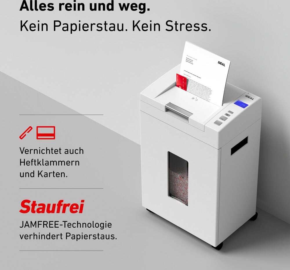 Aktenvernichter Ideal Shredcat 8292 CC P-4 82929111, 4x10mm Partikelschnitt, ca. 200 Blatt bzw. 10 Blatt, 26 Liter Behälter, weiß