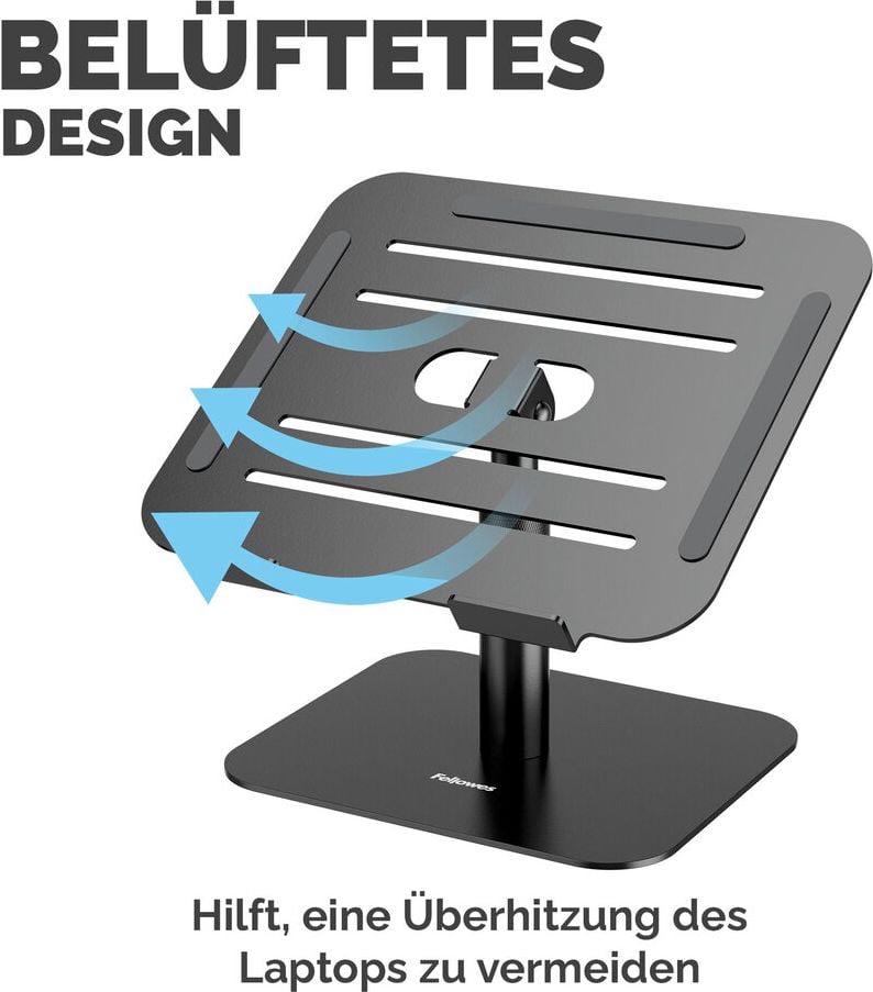 Notebookständer Fellowes Alumia, bis 15 Zoll Notebooks, 15-30cm höhenverstellbar,
neigungsverstellbare Plattform, 96% recyceltes Material, Aluminium, schwarz
