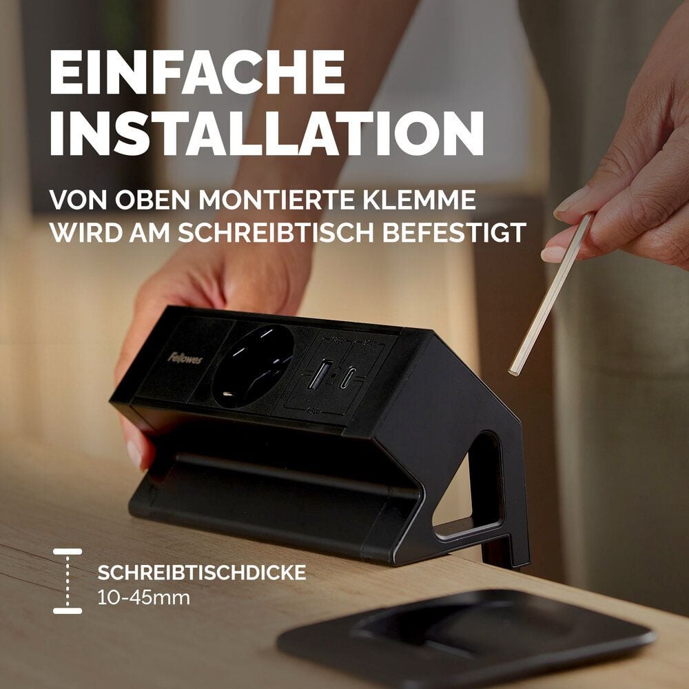 Tischsteckdosenleiste Fellowes Power Desk Type F 1fach+2 USB, Tischklemme, 1x Steckdose (230V), 1x USB-A, 1x USB-C, Kabellänge 2m, schwarz