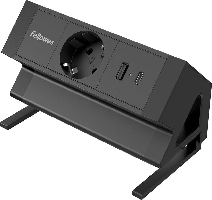 Tischsteckdosenleiste Fellowes Power Desk Type F 1fach+2 USB, Tischklemme, 1x Steckdose (230V), 1x USB-A, 1x USB-C, Kabellänge 2m, schwarz