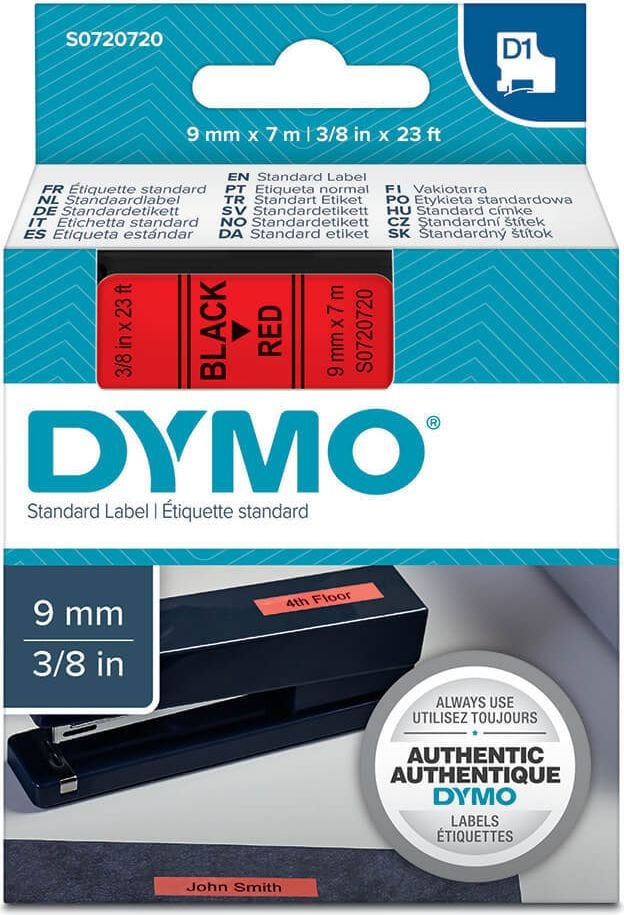 Schriftbänder Dymo D1 40917/S0720720, schwarz auf rot, 9mm/7m