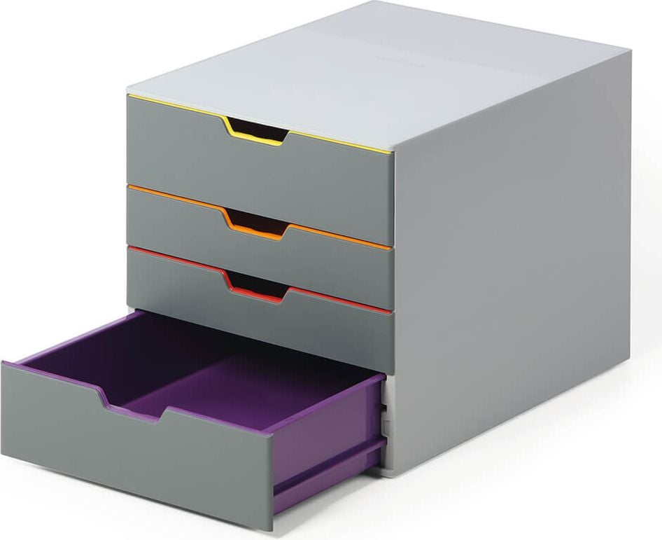 Schubladenbox Durable Varicolor 4 760427, für A4, 4 geschlossene Schubladen, ABS, Korpus grau, abgesetzte Farblinien
