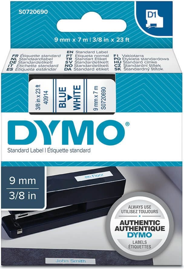 Schriftbänder Dymo D1 40914/S0720690, blau auf weiß, 9mm/7m