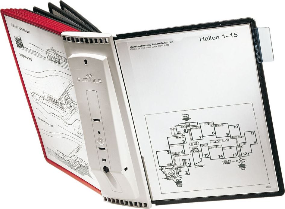 Sichttafel-Wandhalter Durable SHERPA WALL 10 5631-00, Tafelträger, 10 Tafeln (5x rot/5x schwarz),
10 Reiter mit blanko Einsteckschildern