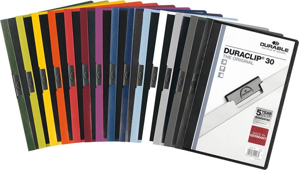 Klemmhefter Durable Duraclip 30 A4 2200, für 30 Blatt, Metallclip, transparenter
Vorderdeckel, farbiger Rückdeckel, sortiert