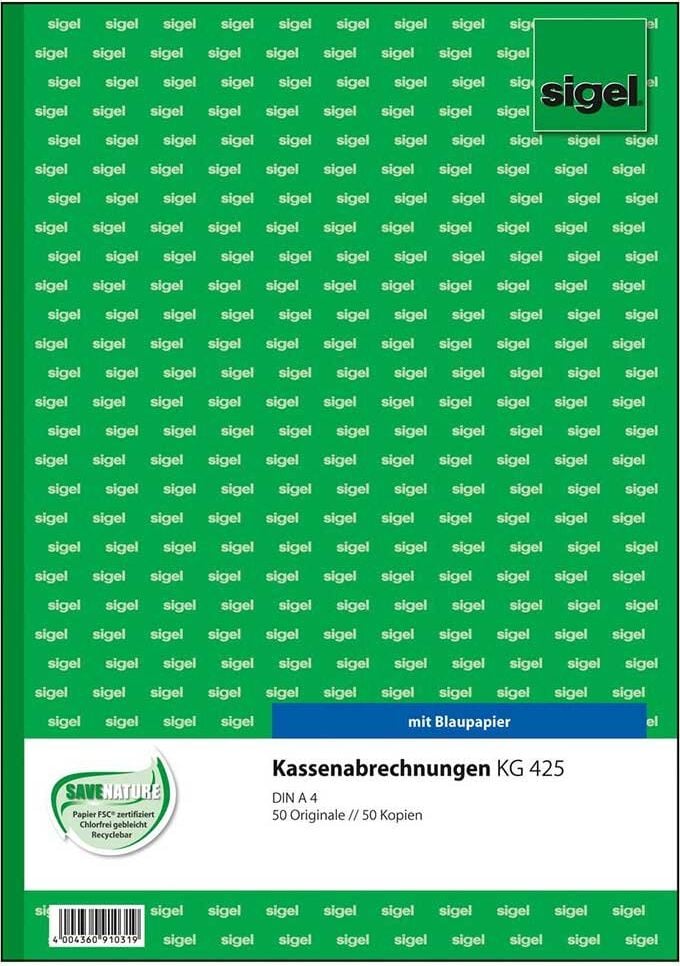 Kassenabrechnung Sigel KG425, DIN A4 hoch, MwSt-Spalte, Block 2x50 Blatt