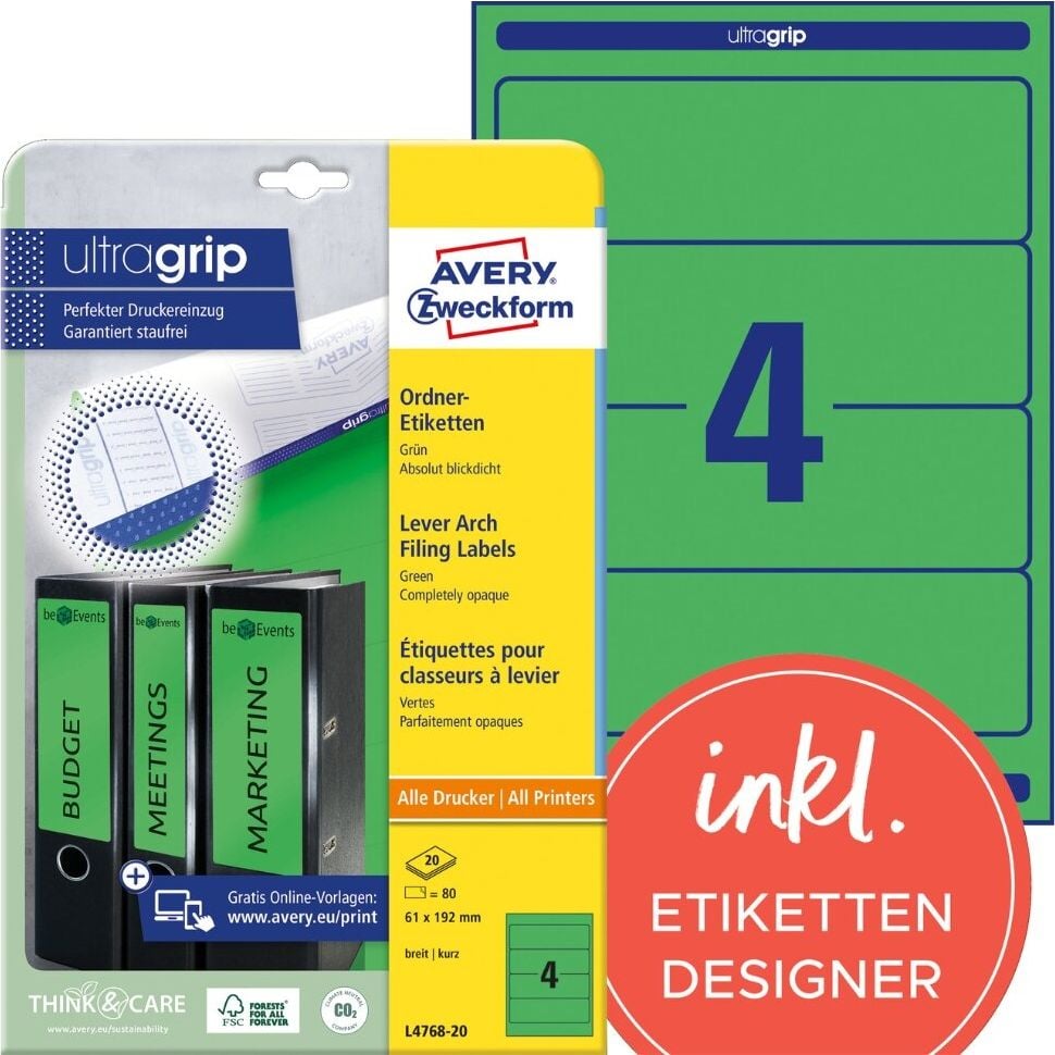 Rückenschilder Zweckform L4768-20 ultragrip, breit/kurz, 192x61mm, auf A4, grün, Pack 20
Blatt/80 Stück