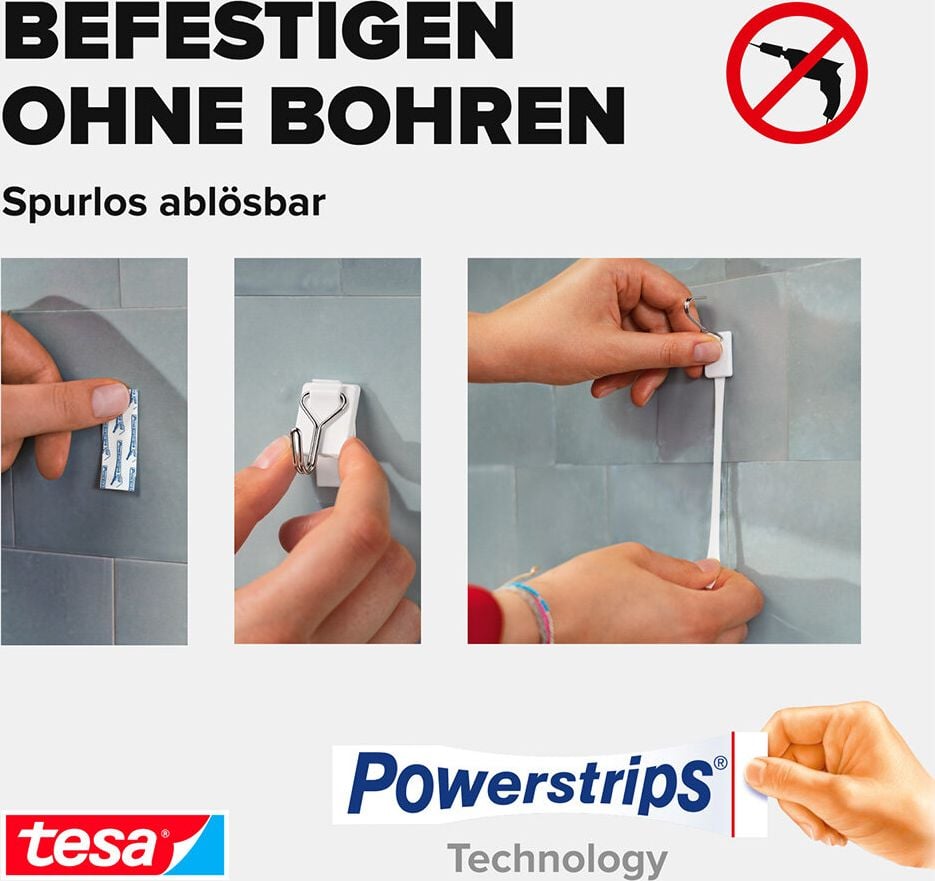 Powerstrips Tesa wired hook S 58620-00003-00, Haftkraft bis 500g, selbstklebender Haken mit abnehmbarem Drahthaken, ablösbar, wiederverwendbar, transparent, Pack 3 Haken + 4 Powerstrips