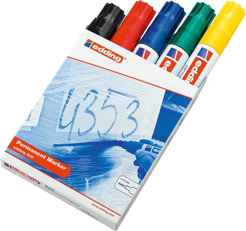 Permanentmarker Edding 800-999, ca. 4-12mm, Keilspitze, nachfüllbar,
Schachtel mit 5 Farben