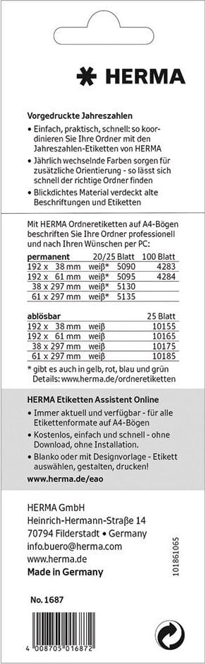 Inhaltsschilder für Ordner 2027 Herma 1687, blau, 60x26mm, Beutel 100 Stück