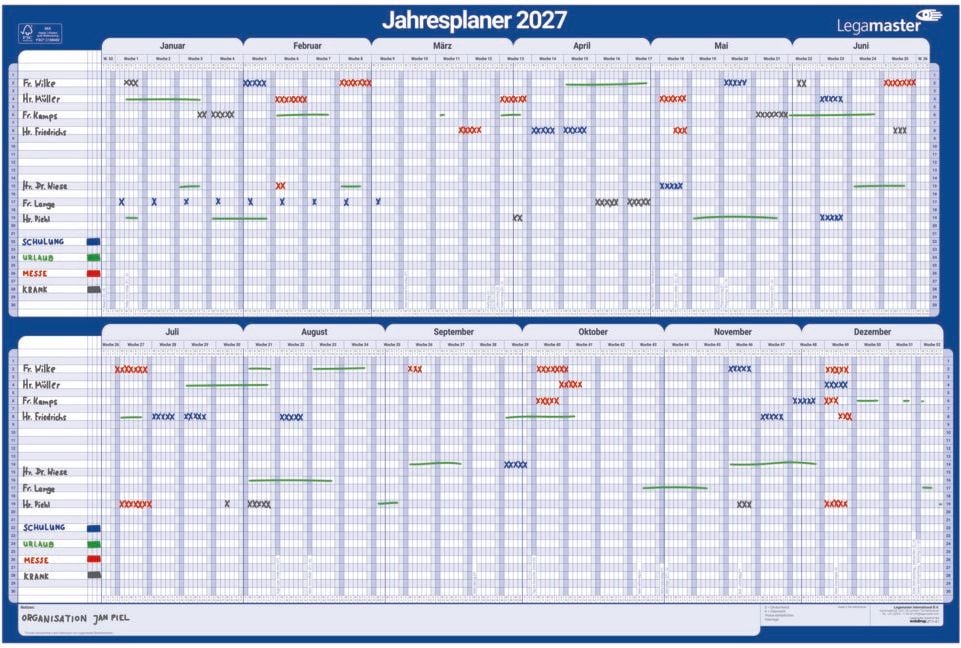 Urlaubsplaner Legamaster Kartonjahresplaner 7-423221, 60x90cm (HxB), Halbjahresformat, horizontal mit senkrechter Monatseinteilung, Karton folienkaschiert, abwischbar, FSC