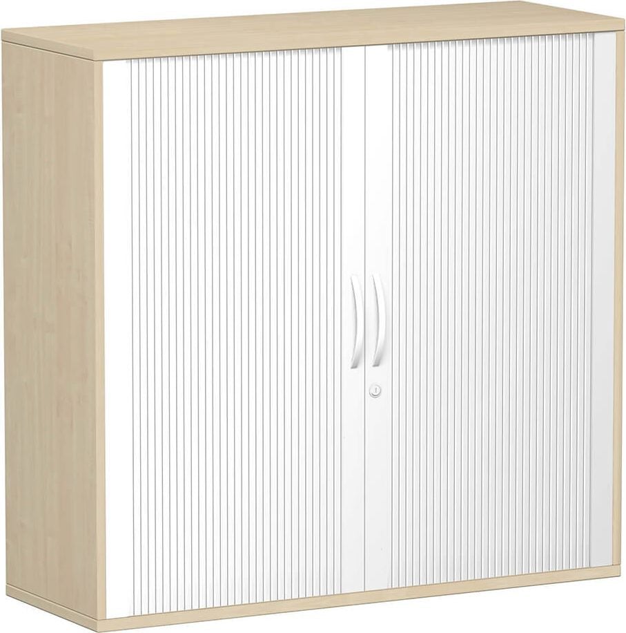 Aktenschrank Geramöbel Flex S-312310, 120x118,2x42,5cm (BxHxT), 2 Querrolläden, 2
Fachböden, 3 Ordnerhöhen, Bogengriff,
abschließbar, ahorn