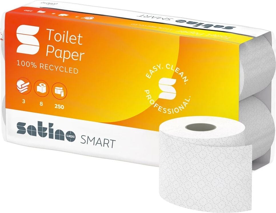Toilettenpapier Satino by WEPA Smart 039011, für Spendersystem MT1, Recyclingpapier, Waffelprägung, 3-lagig, hochweiß, Pack 64 Rollen à 250 Blatt