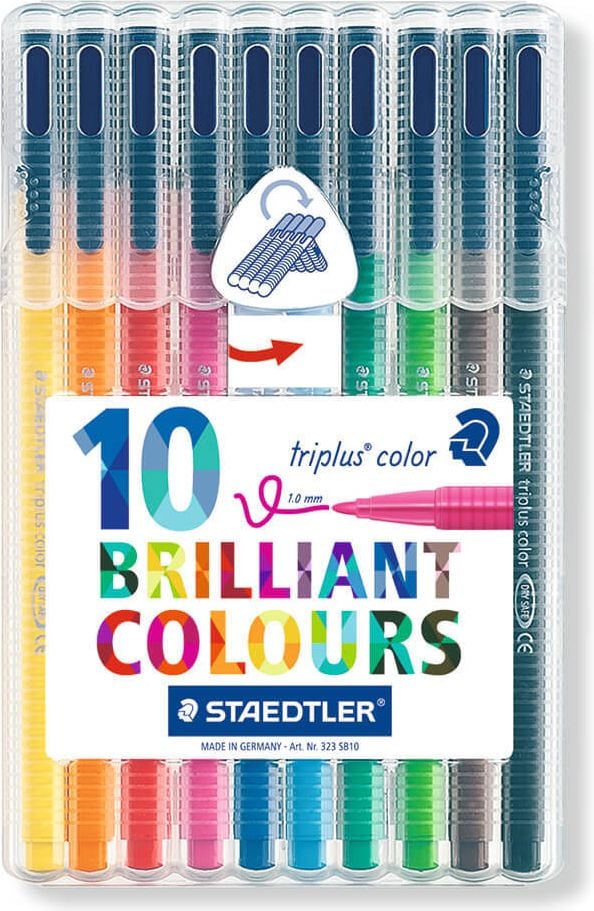 Fasermaler Staedtler triplus color 323 SB10, ca. 1mm, Etui mit 10 Farben, Dreikantschaft, aus 97% Rezyklat