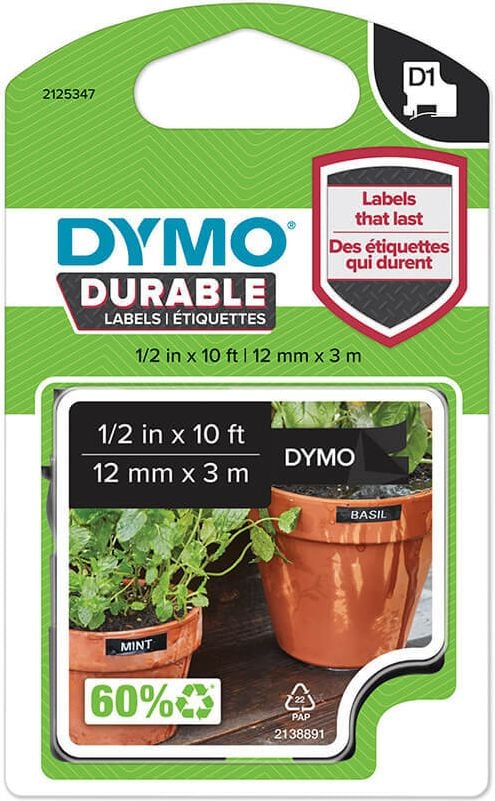 Schriftbänder Dymo D1 1978365, weiß auf schwarz, 12mm/3m, Vinylband