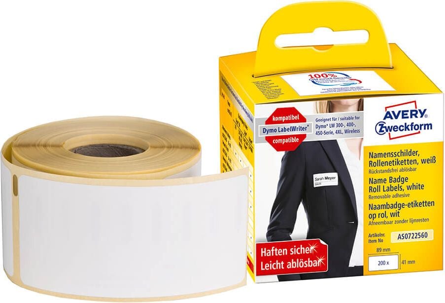 Rollen-Namensschilderetiketten Zweckform AS0722560, 41x89mm, Papier, weiß, selbstklebend,
ablösbar, Rolle 200 Etiketten