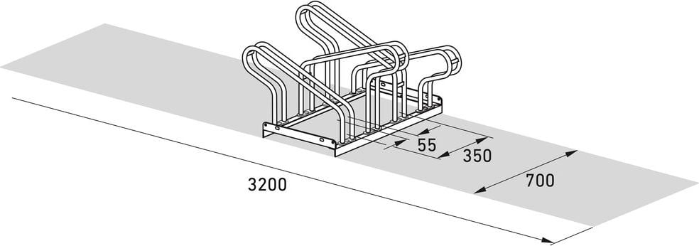 Fahrradständer WSM Bügelparker 2154, verzinkt, Freiaufstellung, 70cm lang, für 4 Fahrräder, bis zu 55mm Reifenbreite, zweiseitige Radeinstellung, Reihenverbindung möglich