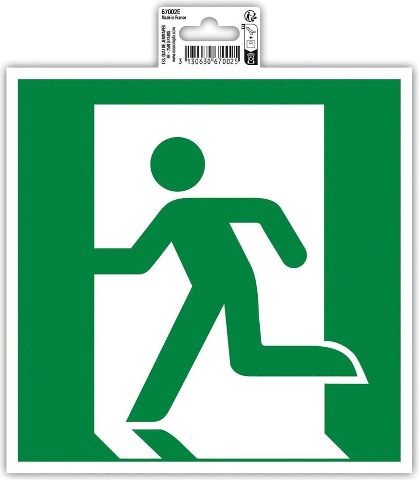 Hinweisschilder Exacompta 67002E Notausgang links, 20x20cm, selbstklebend, PVC, rutschfest nach Norm R10, grün/weiß