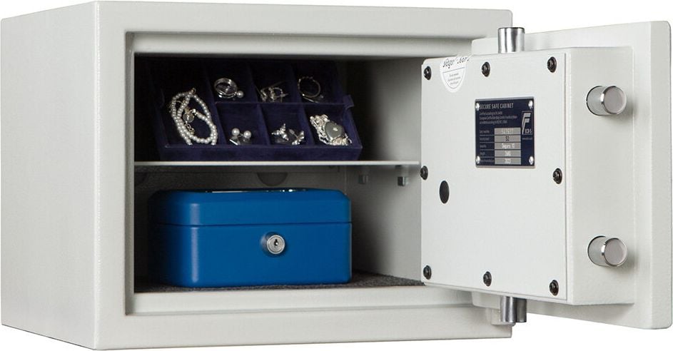 Sicherheitsschrank Format Seguro 10 022810-00000, 27,2x35,7x31cm, 26kg, Doppelbartschloss, Sicherheitsstufe S2 gemäß EN 14450, 11 Liter Volumen, hellgrau