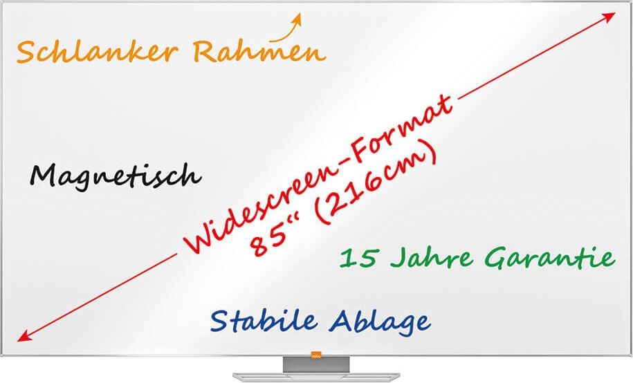 Whiteboard Nobo Impression Pro Widescreen 85 Zoll 1915257, 106x188cm, lackiert, trocken abwischbar,
Ablageschale, Wandaufhängung