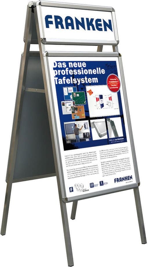 Plakatständer Franken Kundenstopper Standard Plus BS1305, A1, spritzwassergeschützt, doppelseitig,
extra Wechselrahmen, 1510x640x745mm (HxBxT)