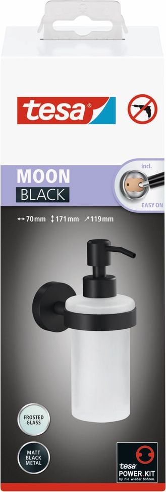 Seifenspender Tesa MOON BLACK 40565-00000-00, Set: Halterung (mattschwarz pulverbeschichtetes Metall), Spender (200ml Füllkapazität, satiniertes Glas), schwarz