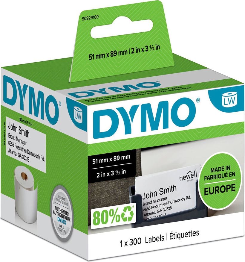 Rollen-Namensschildkarten Dymo S0929100, 51x89mm, Papier, weiß, nicht klebend, Rolle
300 Schilder