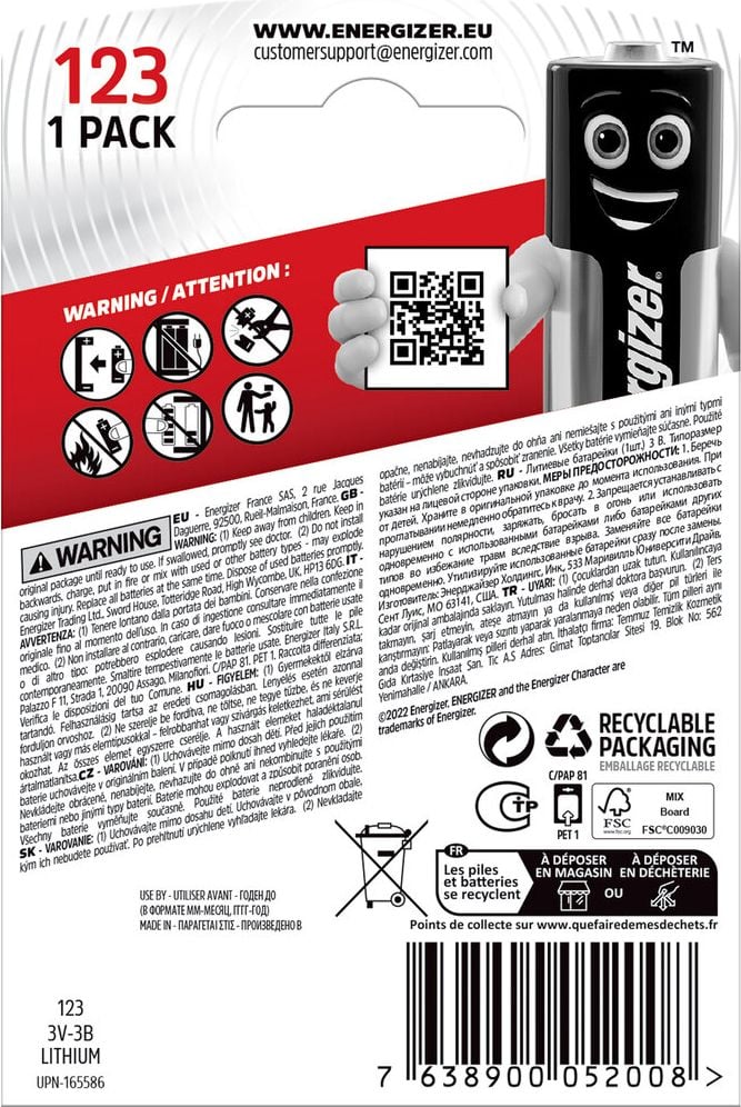 Fotobatterien Energizer Lithium Foto 123 (CR123A), 3 V, bis zu 10 Jahre Leistungserhalt,
temperaturbeständig von −40 Grad bis +60 Grad