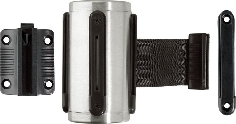 Gurtständer-Wandkassette Alco 8100, Edelstahl gebürstet, farbiger Gurt (300 cm),
2-fach Gurtaufnahme, schwarz