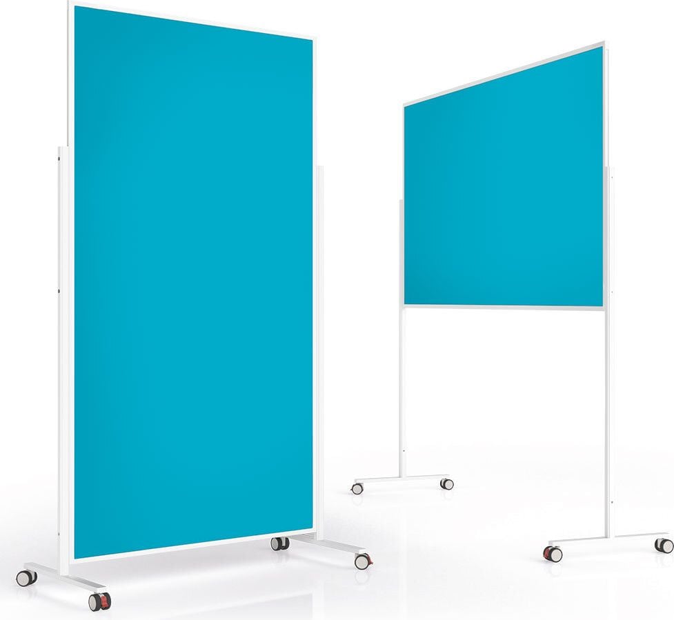 Moderationstafeln Magnetoplan Design VarioPin 11811, Tafel: 180x100cm, einteilig, pinnbarer Filz
farbig, Aluminumrahmen (weiß), Standfuß mit
Rollen, türkis