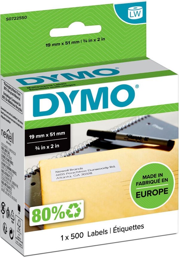 Rollen-Vielzwecketiketten Dymo 11355/S0722550, 19x51mm, Papier, weiß, ablösbar, Rolle 500
Etiketten