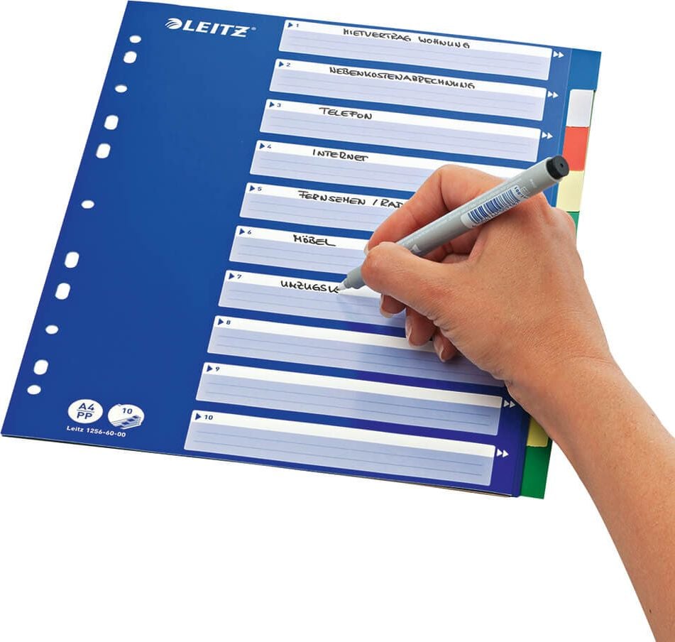 Kunststoffregister Leitz A4 blanko 1256, A4 volle Höhe, blanko, 10-teilig, PP,
mehrfarbig, Pack 20 Stück