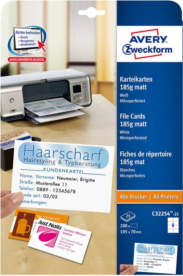 Karteikarten Zweckform C32254-25, 105x70mm, auf A4, blanko, weiß, 185 g/m²,
Pack 25 Blatt/200 Stück