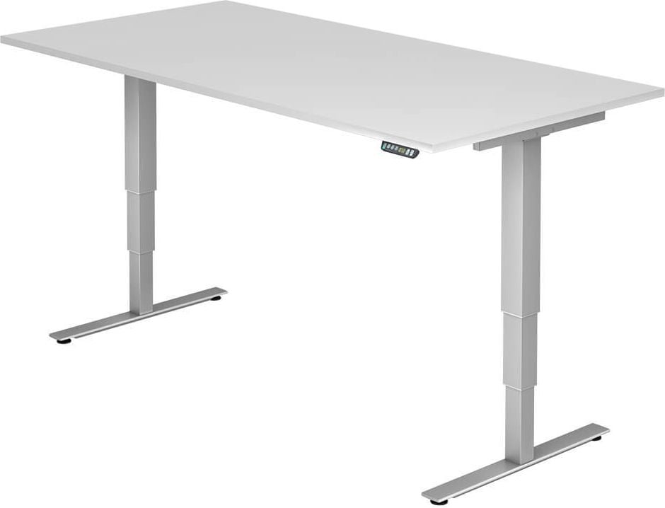 Hubschreibtisch Hammerbacher XDSM2E/x/S, 200x100cm (BxT), 63,5-128,5cm Höhe, rechteckig, T-Fuß silber, weiß