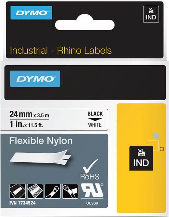 Schriftbänder Dymo RHINO Nylon 1734524/S0773840, schwarz auf weiß, 24mm/3,5m, Nylonband