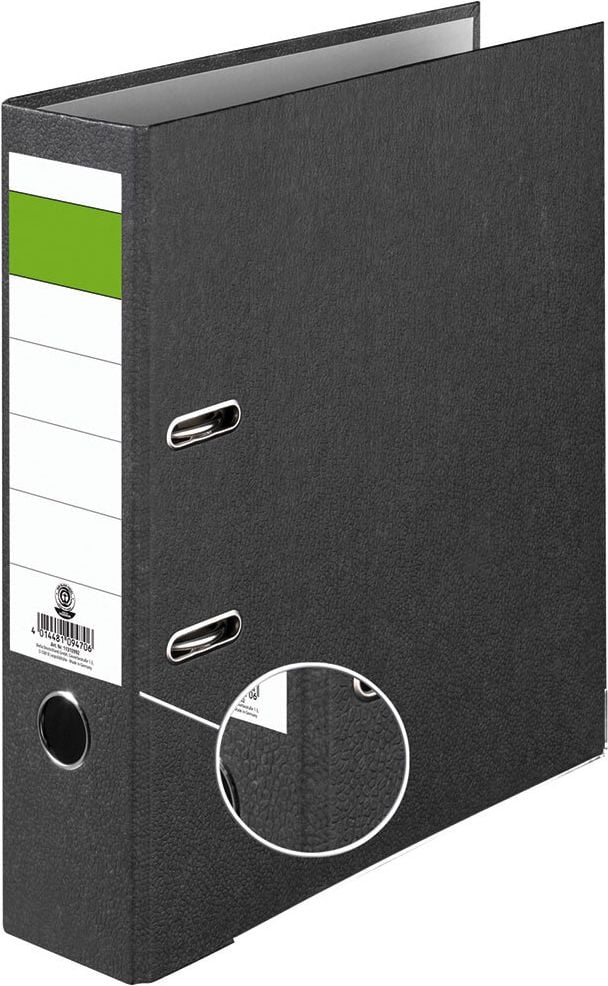 Ordner A4 Standard, 80mm, verstärkt, Wolkenmarmor, verstärkt, schwarz, grüner Balken, stabile
Ausführung