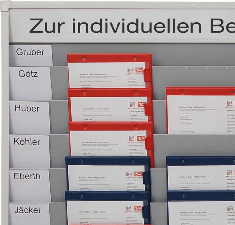Werkstattplaner Eichner 9019-00144, für 30 x A4, 158x90cm (BxH), fünfreihig,
zusätzliches Ablagefach und Kopfleiste
(Beschriftung Baupläne), Kunststoff, grau