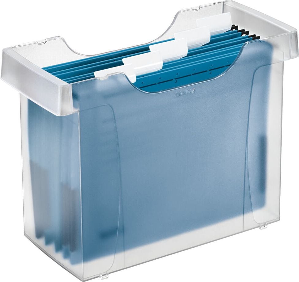 Hängebox Leitz Hängemappenbox Mini-Aktei Plus 1993, für 20 Hängemappen, ohne Deckel, inkl. 5
blauen Hängemappen, transparent