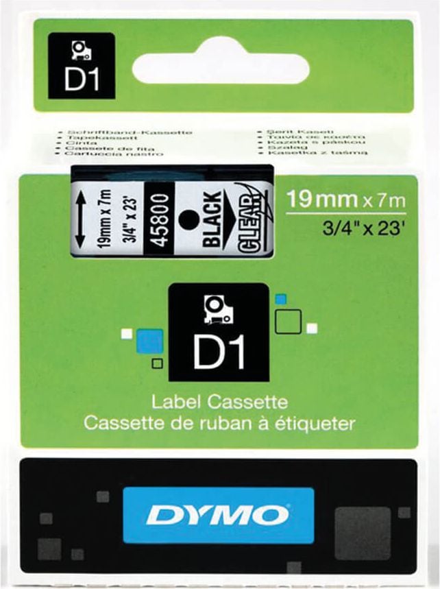 Schriftbänder Dymo D1 45800/S0720820, schwarz auf transparent, 19mm/7m