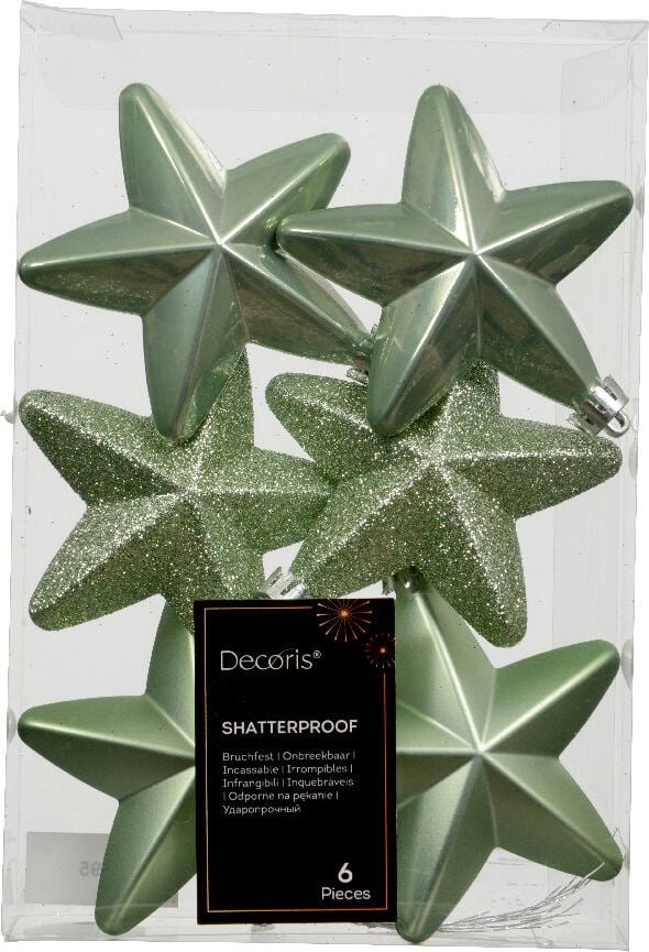 Weihnachtskugeln DECORIS Stern, 7,5x7,5x2cm (BxHxT), Polystyrol, Pack 6 Stück, hellgrün
