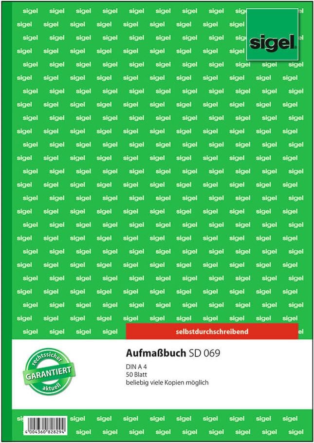 Aufmaßbuch Sigel SD069, DIN A4 hoch, selbstdurchschreibend, Block 50
Blatt