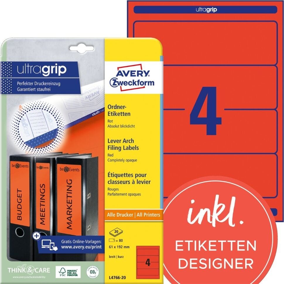 Rückenschilder Zweckform L4766-20 ultragrip, breit/kurz, 192x61mm, auf A4, rot, Pack 20
Blatt/80 Stück