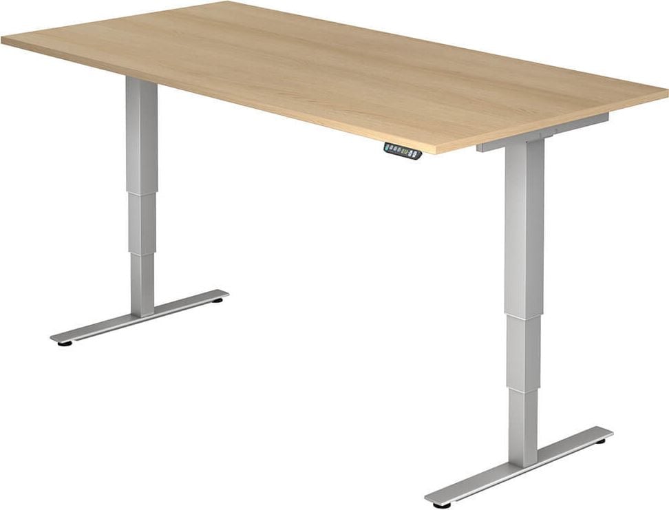 Hubschreibtisch Hammerbacher XDSM2E/x/S, 200x100cm (BxT), 63,5-128,5cm Höhe, rechteckig, T-Fuß silber, eiche