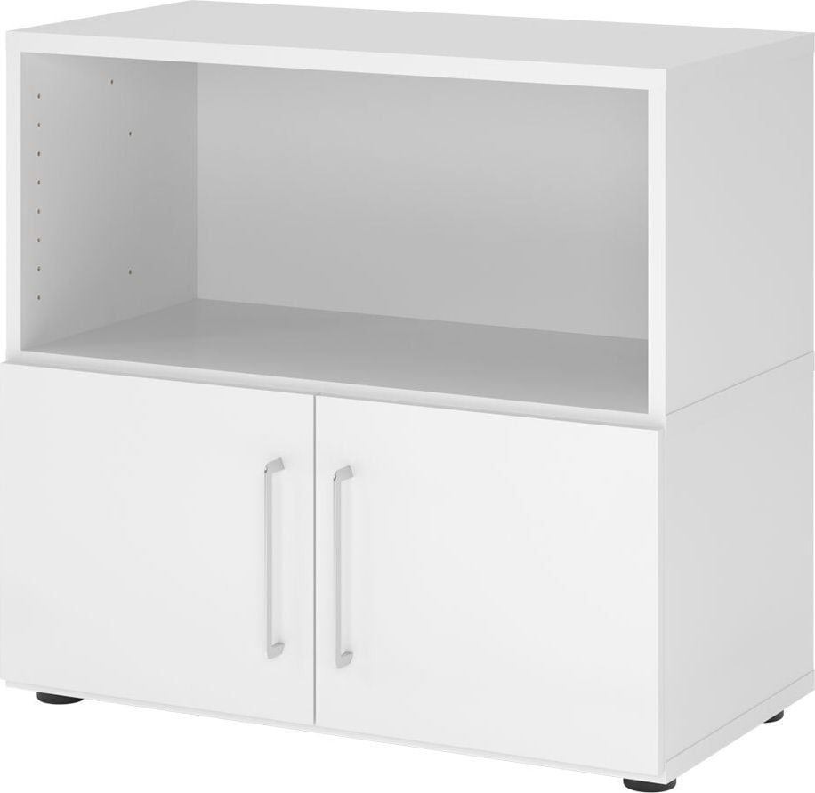 Regal Hammerbacher VFW28T1KG/W mit Türen, Threespine-Klicksystem, 80 x 41,7 x 74,6 cm
(B x T x H), mit Stellfüßen, 2 Ordnerhöhen,
Korpus: weiß, weiß